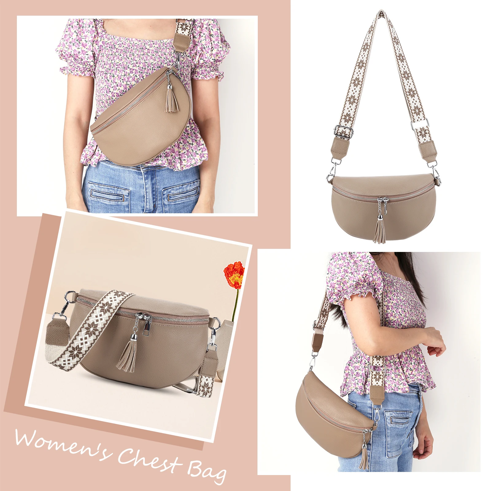 Women Zipper Chest Pack Versatile Fashion Shoulder Bag Genuine Leather Solid Satchel Bag Guitar Strap Slouchy Travel Bag