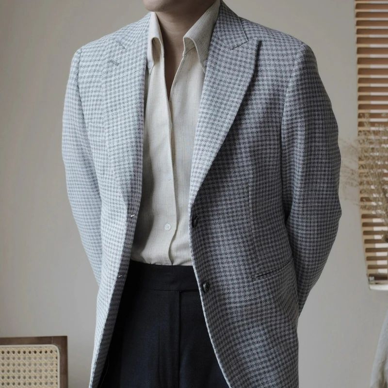 Wool blend Italian Neapolitan gun collar draped white plaid slim fit vintage suit