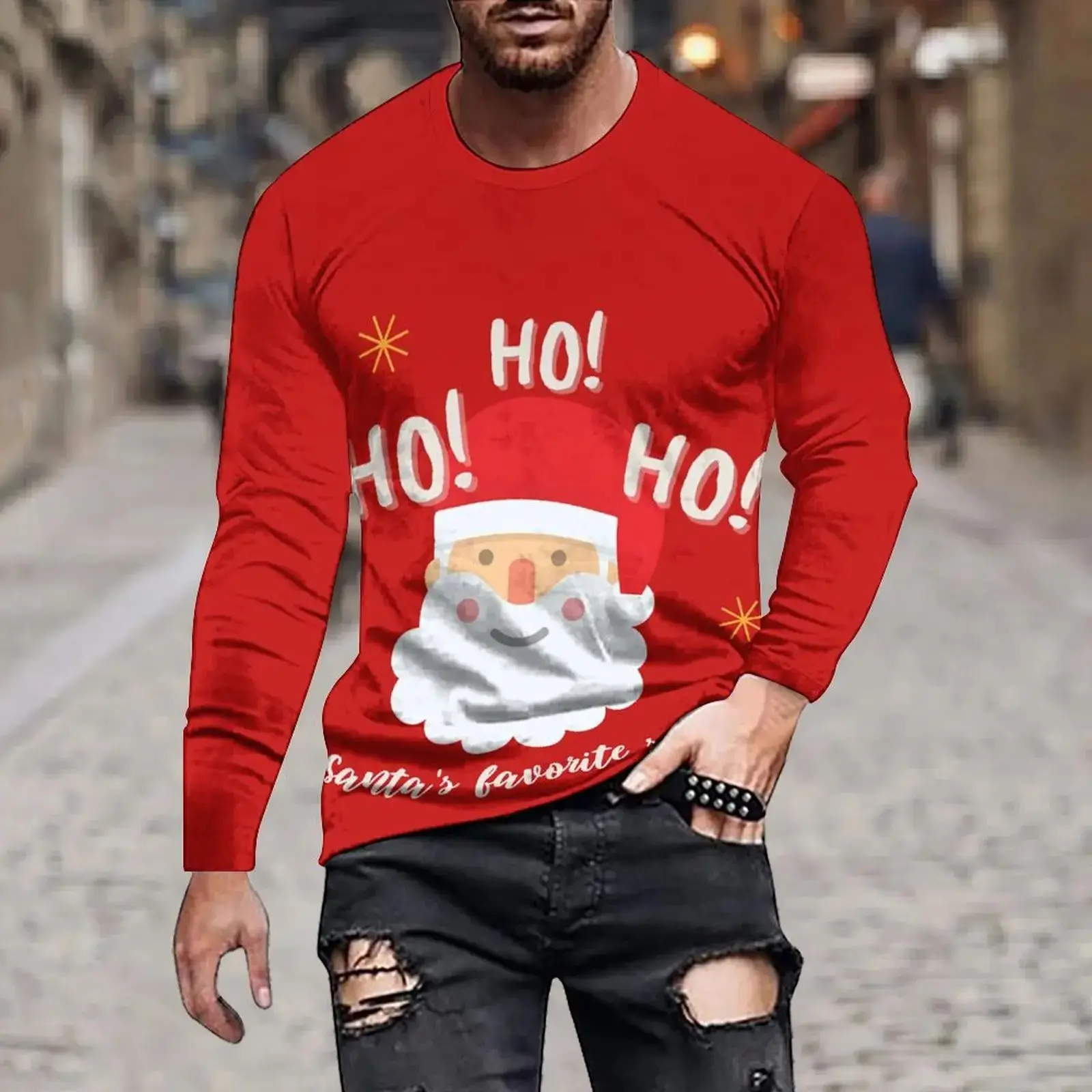 Men's Long Sleeves T-shirt  Autumn Christmas New Year Festive 3D Printing Round Neck Pullover Tops Street Hip Hop Men's Clothing