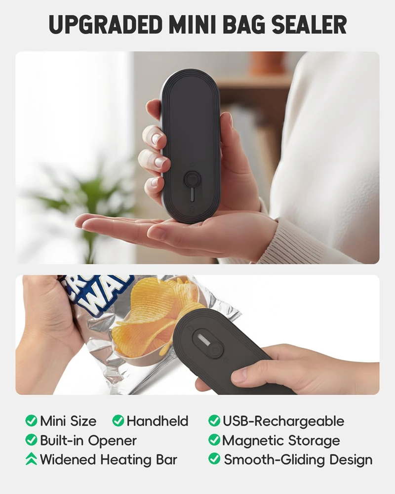 Mini Bag Sealer with Cutter and Magnet  Rechargeable Bag Resealer Handheld Portable Heat Sealer for Plastic Bags Kitchen Storage