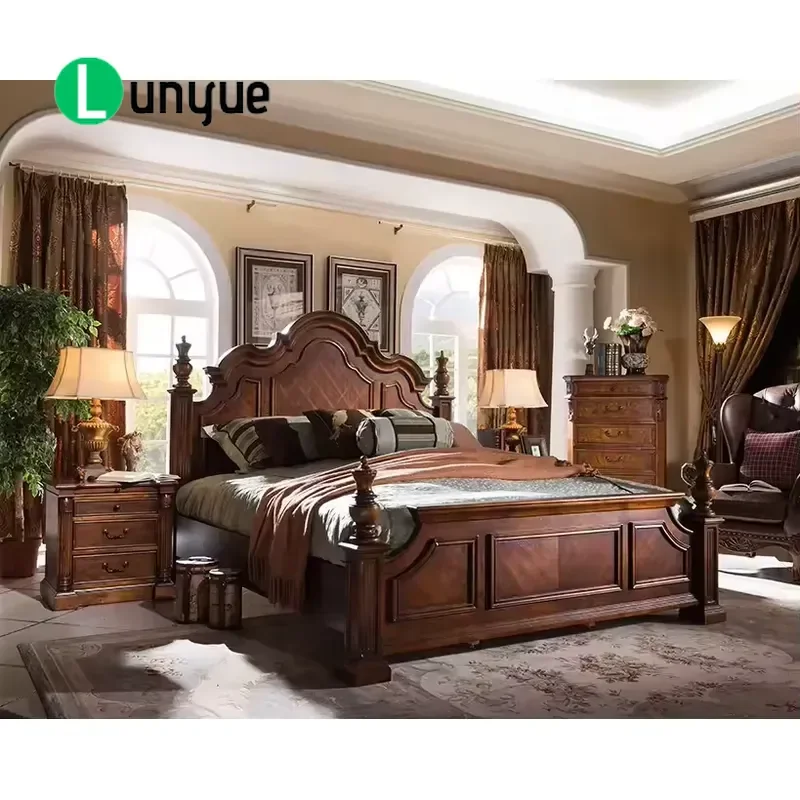 Latest Design Hand Carved Solid Wood Bed Frame Natural Luxury Master Bedroom Furniture Set