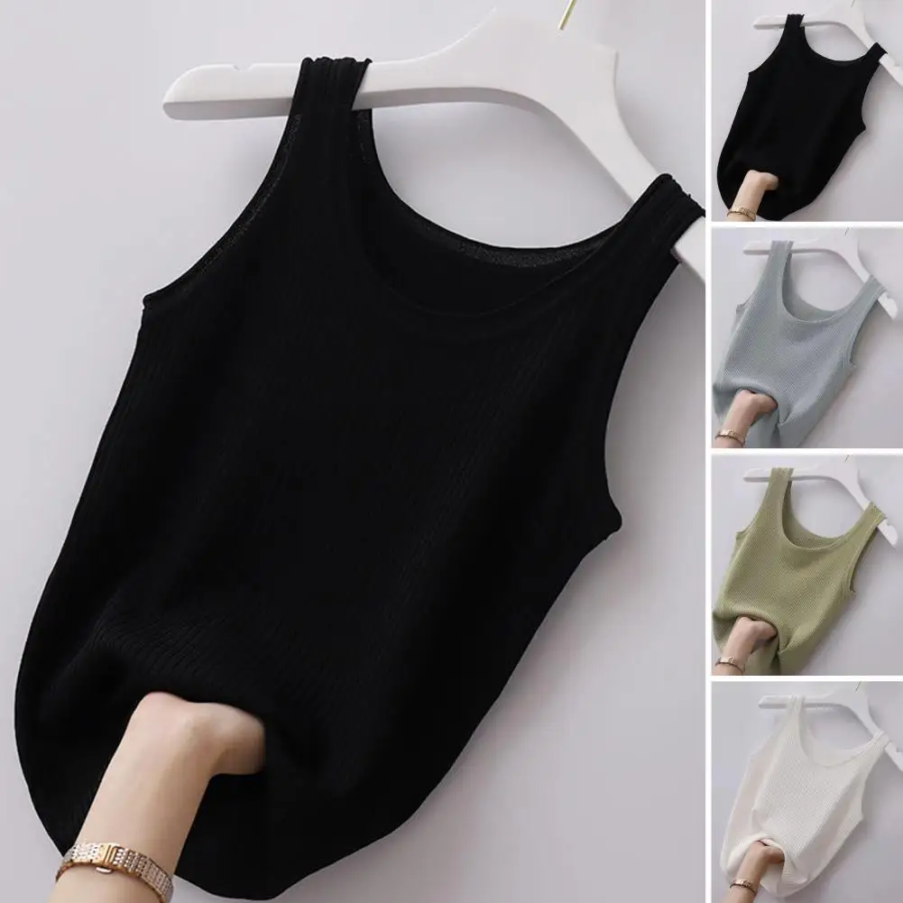 Women Bottoming Vest Loose Fit Tank Top for Women Solid Color Ribbed Bottoming Vest Streetwear Pullover Tops Ice Silk Fabric