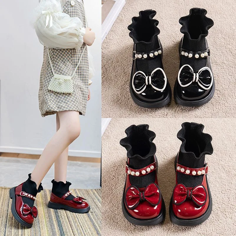 New Spring Pearl  Bow Girls  Fashion Boots PU Leather Knitting Patchwork Slip On Kids Socks Shoes Anti Slip Children Ankle Boots