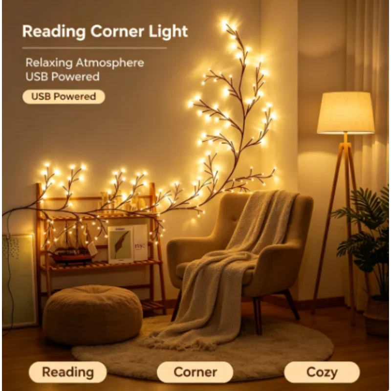 String Lights 144 LED USB Powered Bendable Indoor 8 Modes Vine Willow Branch Decorative for Bedroom Living Room Decor Gift