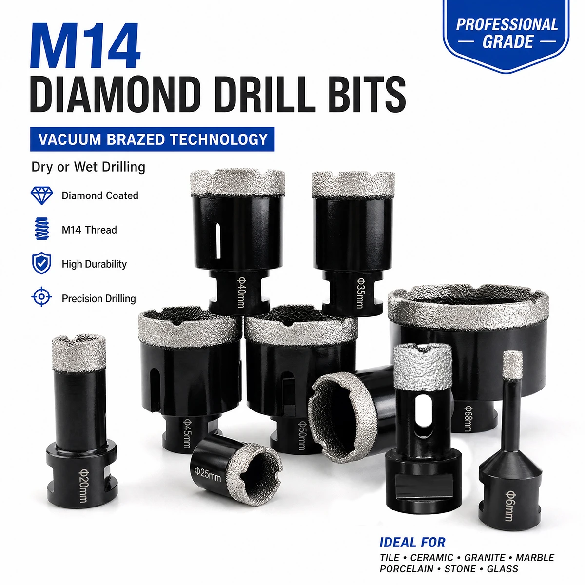 

1pc 6-120mm M14 Thread Dry Vacuum Brazed Marble Masonry Hole Saw Opener Diamond Drill Core Bit For Ceramic Tile Granite Marble