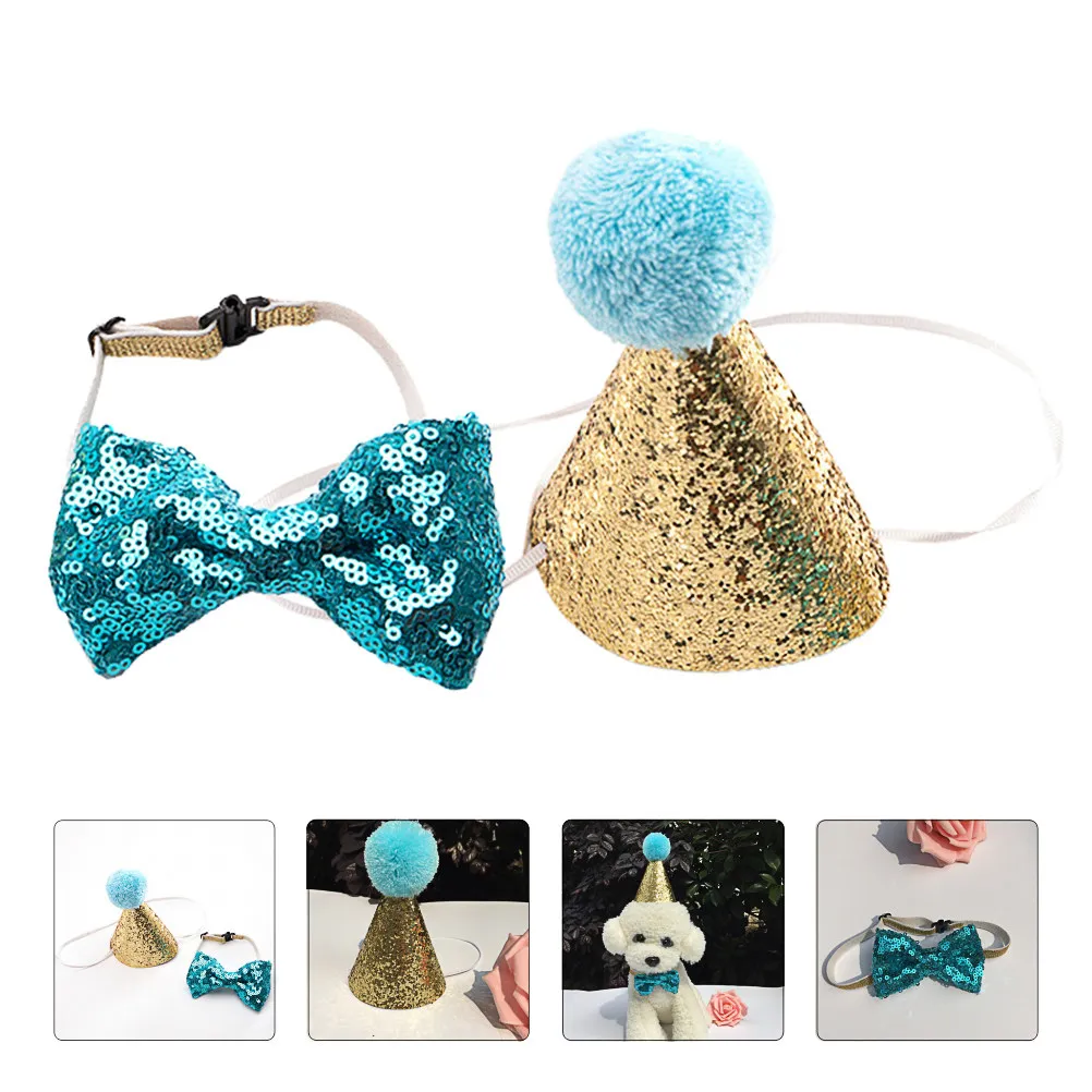 Conjunto de sombrero y corbata para fiestas de mascotas, para perros y gatos pequeños y medianos – accesorio de cumpleaños con purpurina azul celeste.