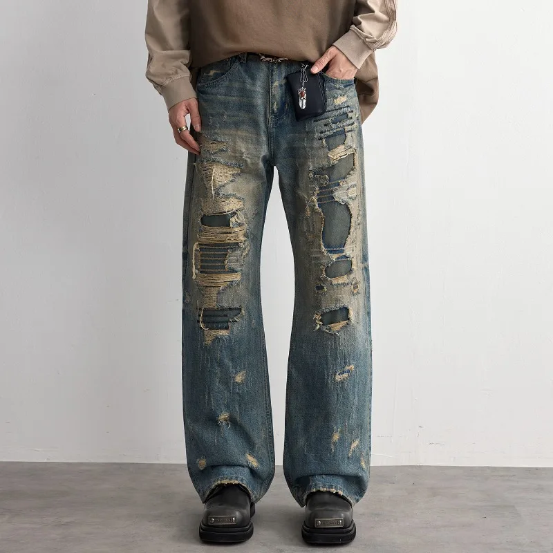 

Men's Baggy Jeans American Casual Heavy Ripped Distressed Vintage Wash High End Denim Streetwear Denim Long Pants