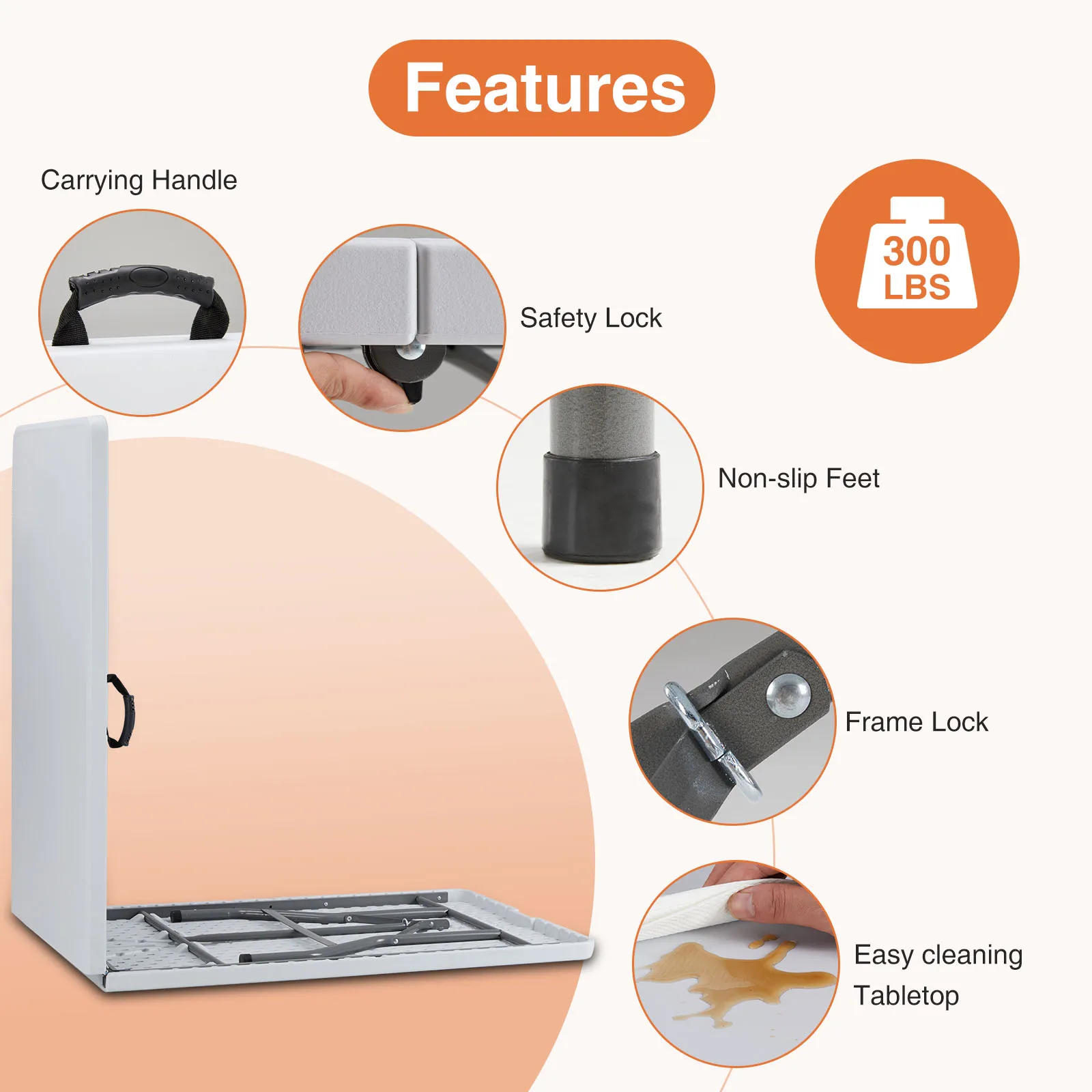 JHK البلاستيك المحمولة للطي في الهواء الطلق طاولة داخلية الثقيلة طاولة قابلة للطي مع مقبض حمل قفل أمان للتخييم نزهة #4