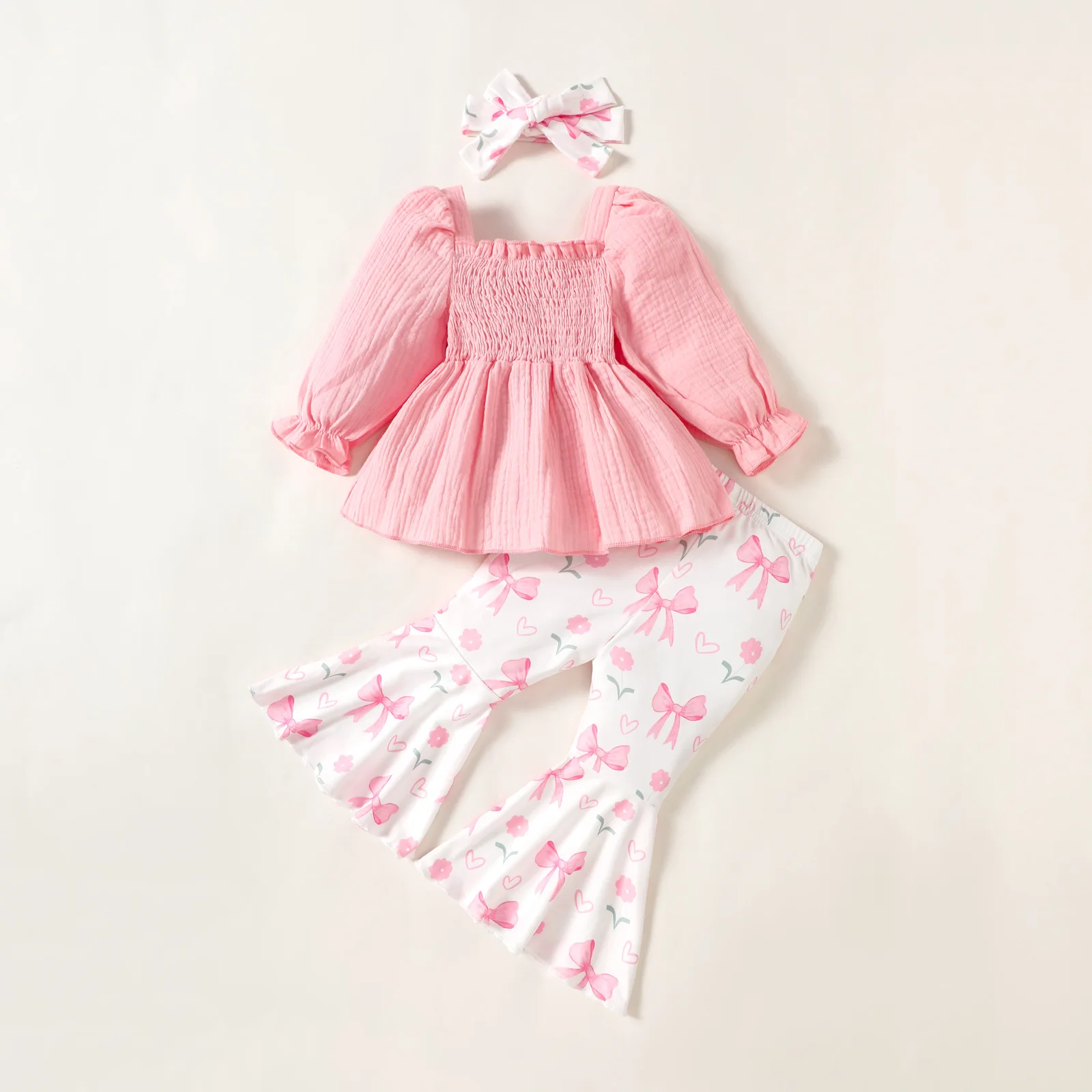 2024 2pcs Baby Girl Outfit Solid Color Long Sleeve Ruffle Tops Bow Print Flare Pants with Headband Sets for Children