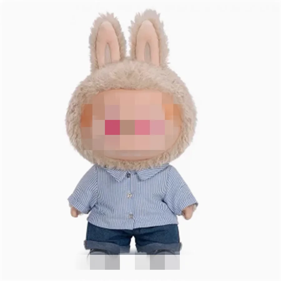 طقم قميص جينز مخطط باللونين الأزرق والأبيض من الجيل الأول والثاني، قلادة دمية يرتديها 17 سم، ملابس بديلة للدمى، بدون أحذية