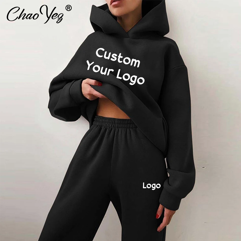 DIY Women Fleece Two Piece Sets Elegant Custom Logo Oversized Warm Hoodies And Long Pant Sports Suit Autumn Winter Tracksuit