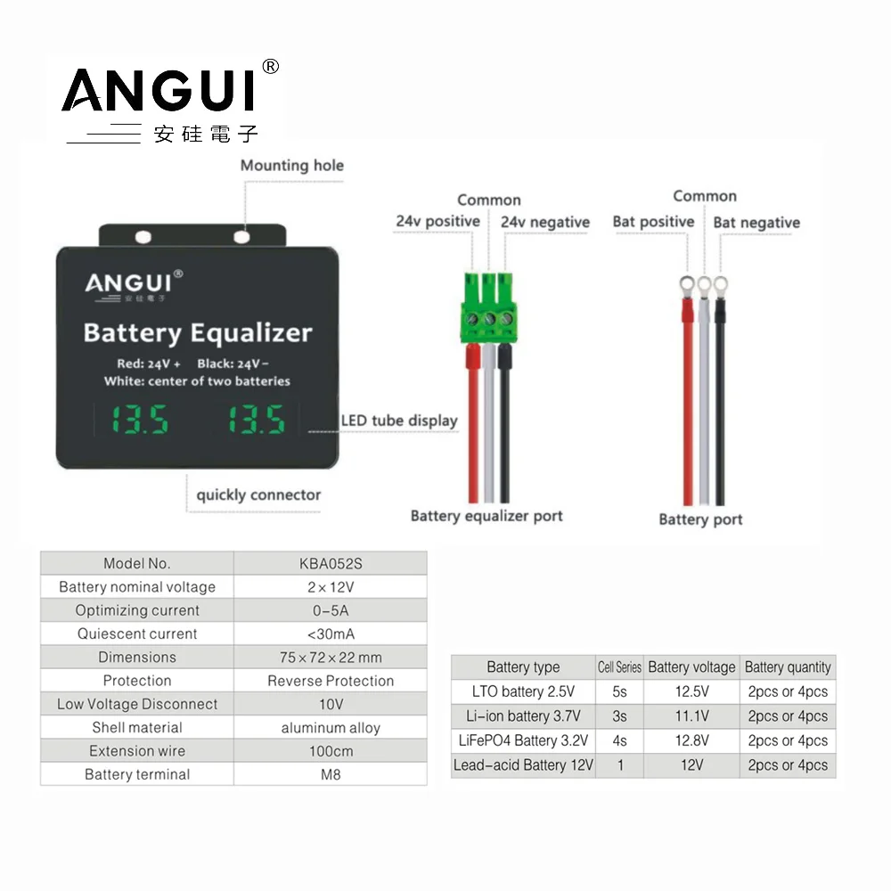 ANGUI 24V FBA052S KBA052S HC01 Battery Equalizer LED Display 2X12V Lead Acid Gel Batteries Series Balancer 2S Active NCM 24V