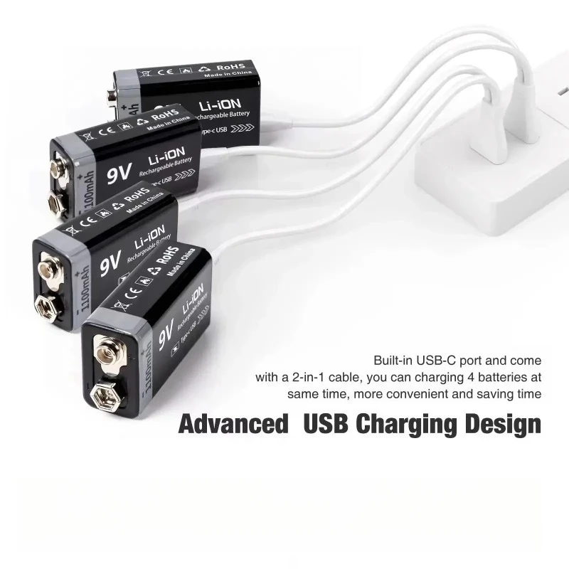 New 9V 1100mAh Rechargeable Battery USB Type-C Replacement for 6F22 9V Li-ion Battery for RC Helicopeter Model Multimeter Toy