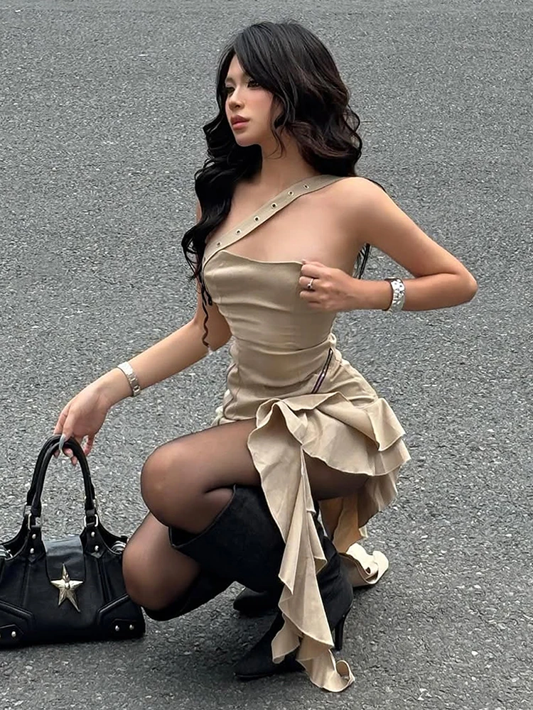 Estranho gato sexy vestido irregular feminino zip em camadas fita peito envolto sem mangas rua estiramento magro clubwear mini bodycon