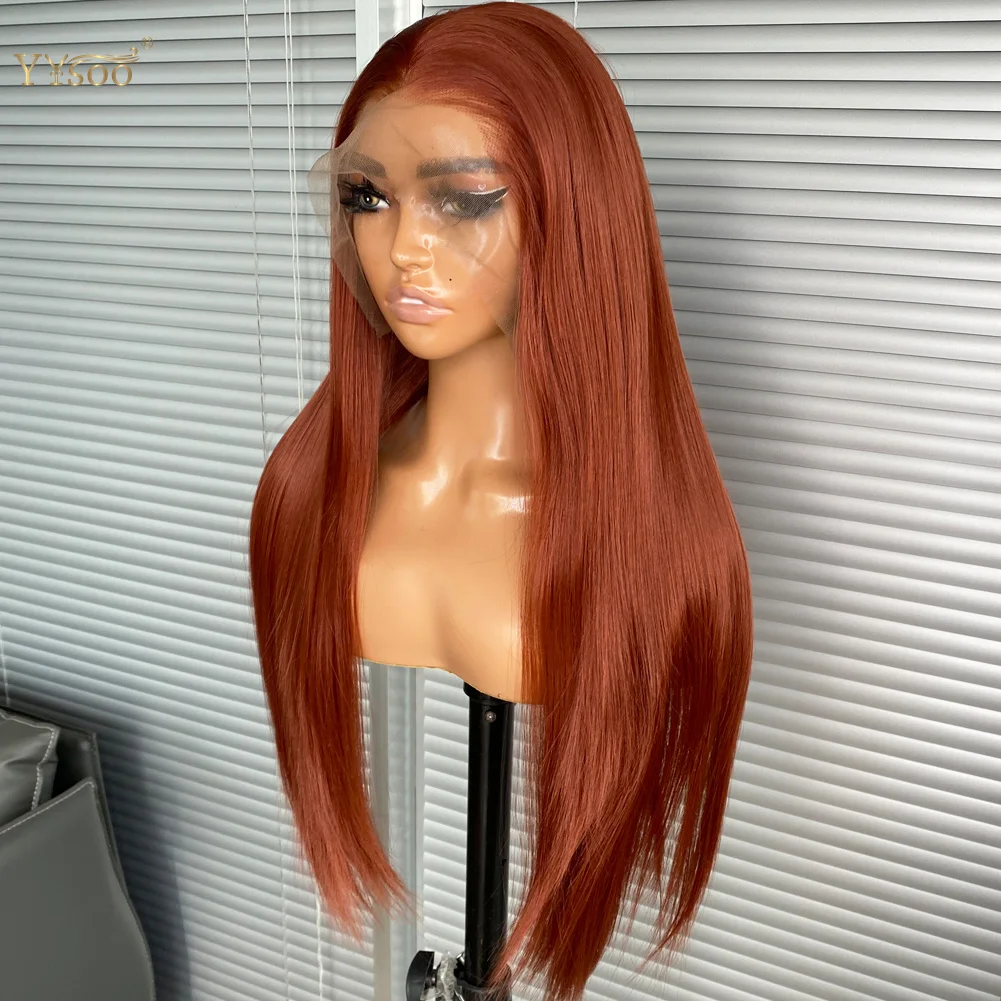 YYsoo 13x6 Long Silky Straight Copper Brown Wig for Black Women 350# Synthetic Lace Front Wig Futura Heat Resistant Deep Part