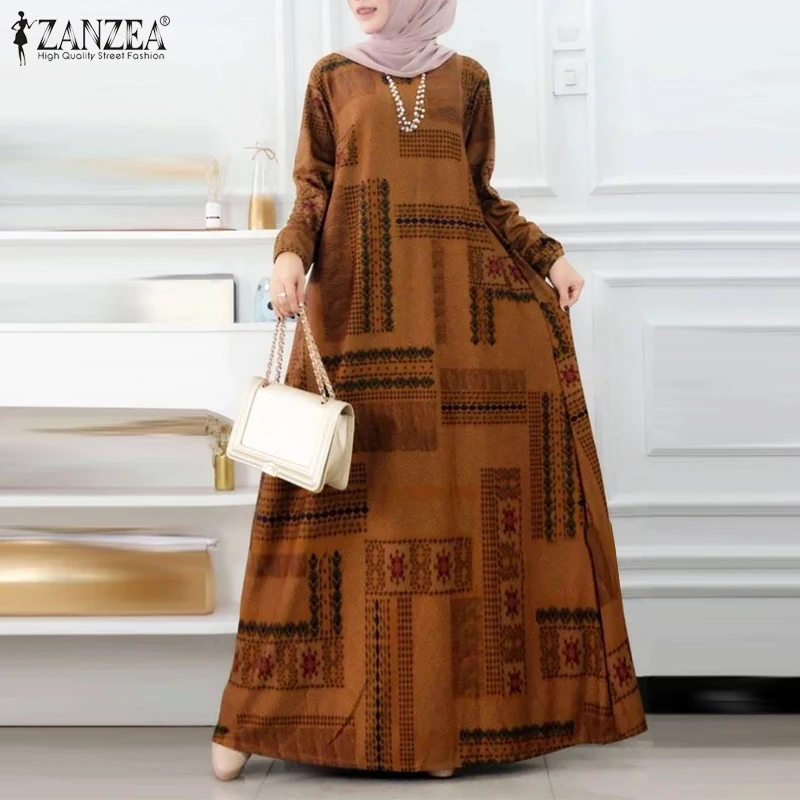 

ZANZEA Женские мусульманские винтажные длинные платья с принтом, скромные хиджабы, свободные абайи с длинными рукавами, исламские кафтаны для Рамадана и Ид