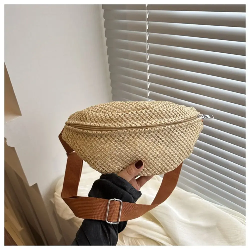 Trendy Half Moon Straw Woven Bag Large Capacity Anti-theft Woven Handbag Phone Holder Portable Adjustable Sports Pouch Women