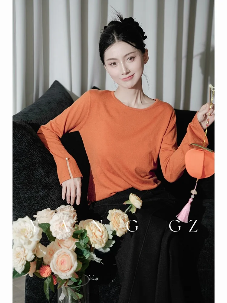 

Новая женская вязаная шерстяная базовая кофта в китайском стиле, приталенная, универсальная, с круглым вырезом, с длинным рукавом, повседневный топ от YANG GZ