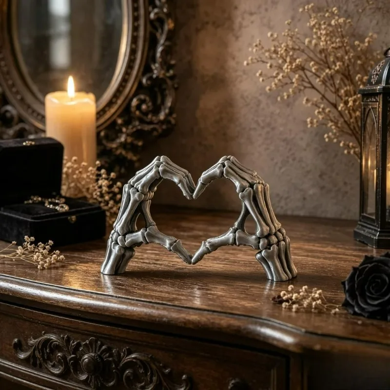 New 3D Printed Romantic Gothic Skull Heart-Shaped Hand Figurine with Bone Detailing