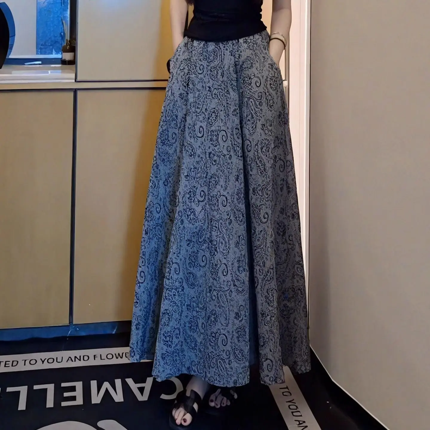 Large size 2025 summer new French fashion lady style printed skirt women's high-end elastic waist long skirt