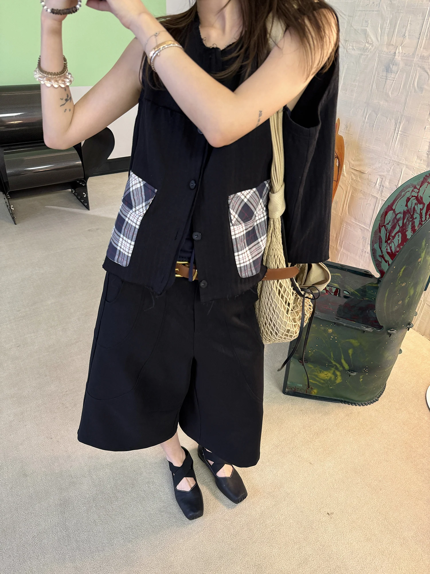 

LelyMooch Vintage Contrast Color Plaid Flip Cover ket round Ne Svel Vest oulder Pad Free Casual Women's Top