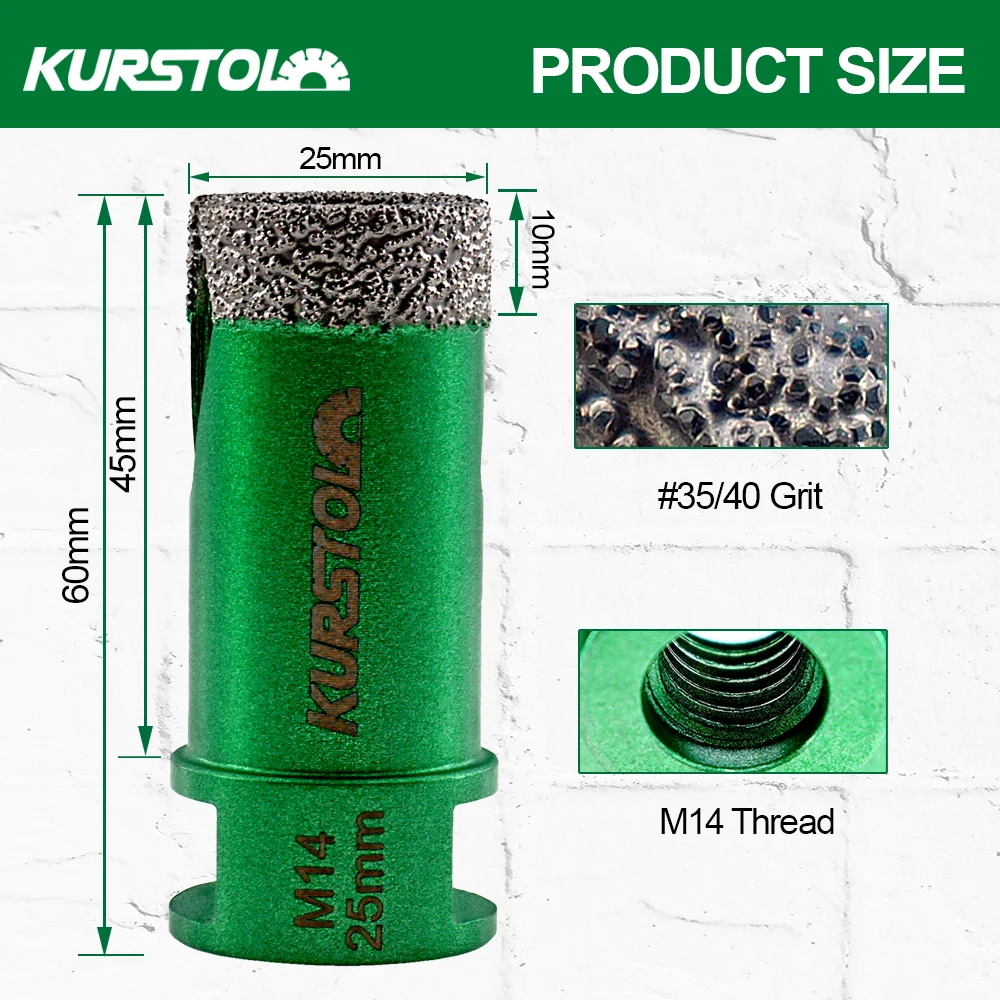 Imagem -04 - Kurstol-diamond Tile Drilling Bits Linha M14 Mármore Porcelana Grés Cerâmica Alvenaria Buraco Saw Dry Core Bit 25 mm 1pc