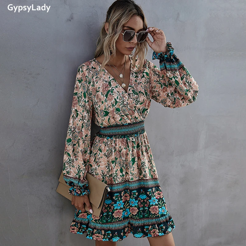 GypsyLady Boho Floral Mini Dress Spring Beach Green Dress Long Sleeve V-neck Ruffle Women New Holiday Casual Vintage Chic Dress