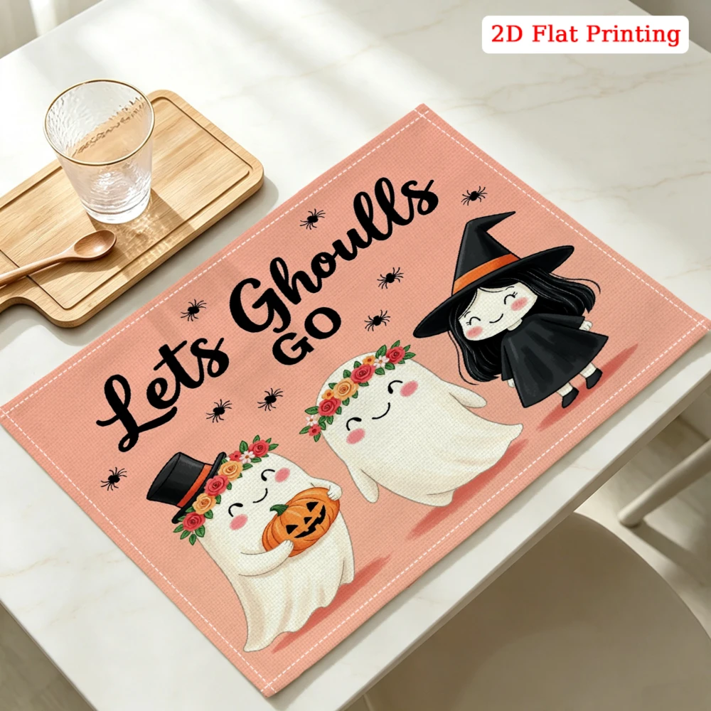 Lets Ghoulls Go Halloween Ghosts Witch Kitchen Placemat Coaster Linen Pad Dish Coffee Cup Table Mat 30x40cm Home Decor