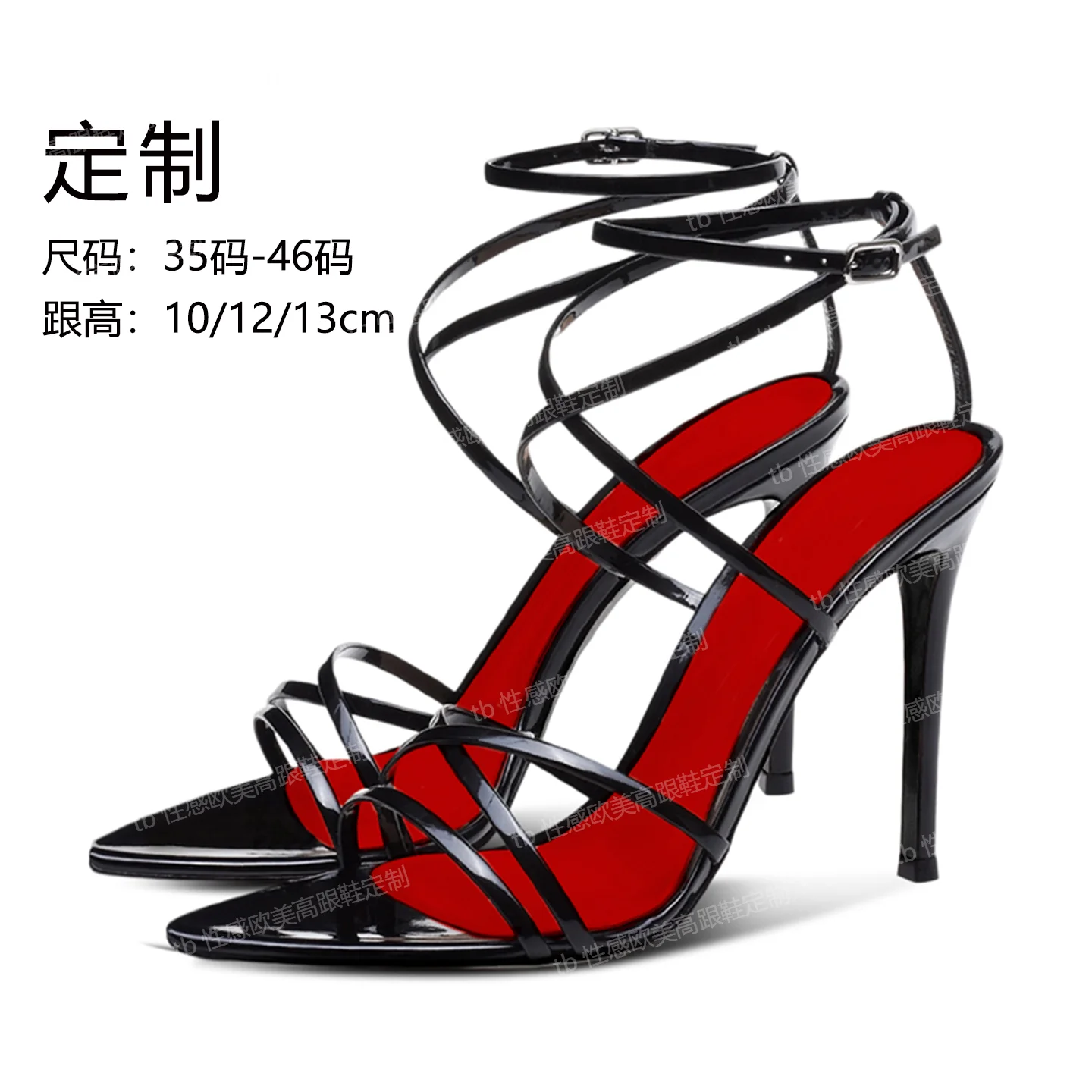 

European and American summer new black 12cm pointed toe sandals with straight buckle and cross strap high heels