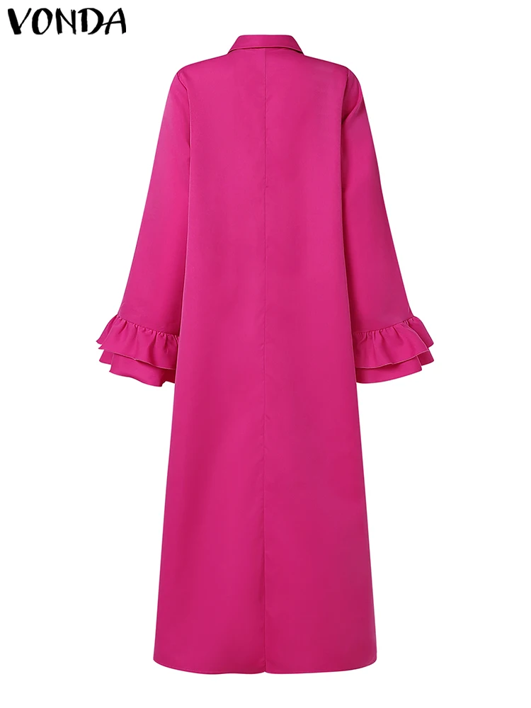 2025 Women Elegant Solid Color Maxi Long Dress Ruffle Pleated Dress VONDA Casual Loose Sundress Lapel Collar Long Sleeve Robe