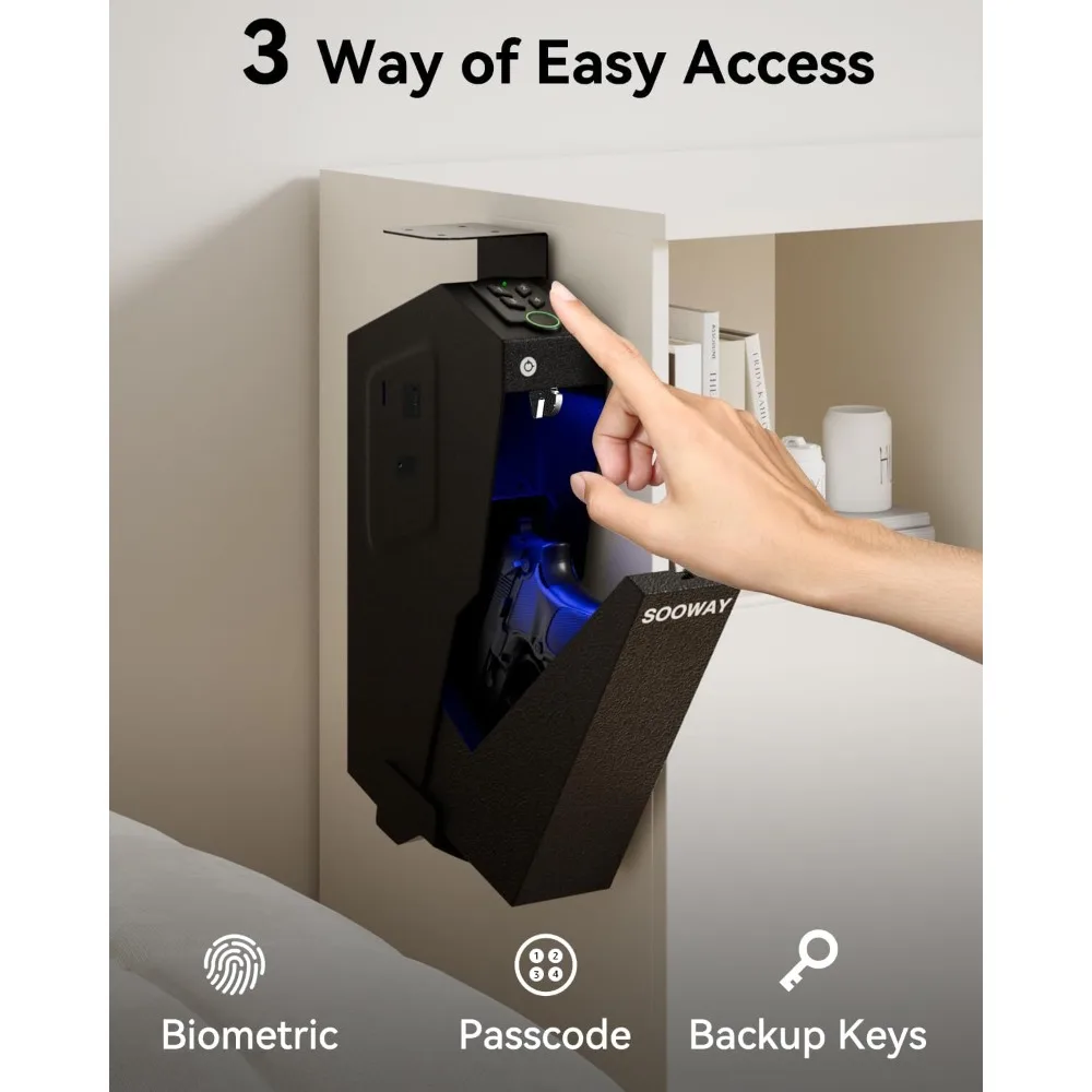 Gun Safe, Mounted Biometric Pistol Safe Drop Down Gun Lock Box for Handgun with 3 Ways Quick Access Bedside Pistol Case for Nigh