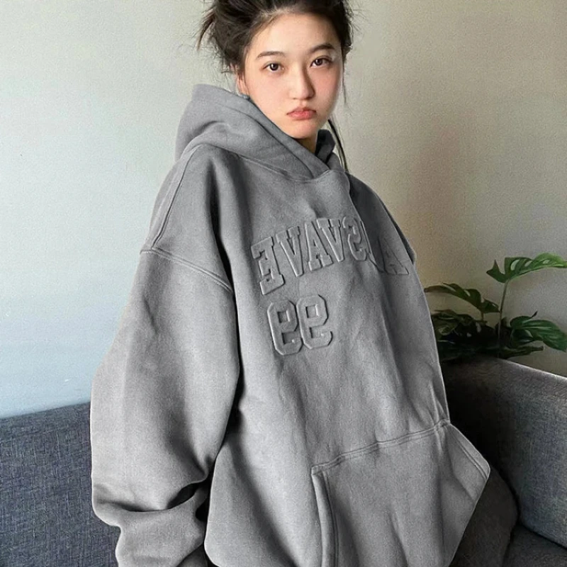 Hooded Grey Woman Clothing Hoodies Loose Graphic Letter Printing Text Sport Top Baggy Women\'s Sweatshirt Y2k Vintage Xxl New In