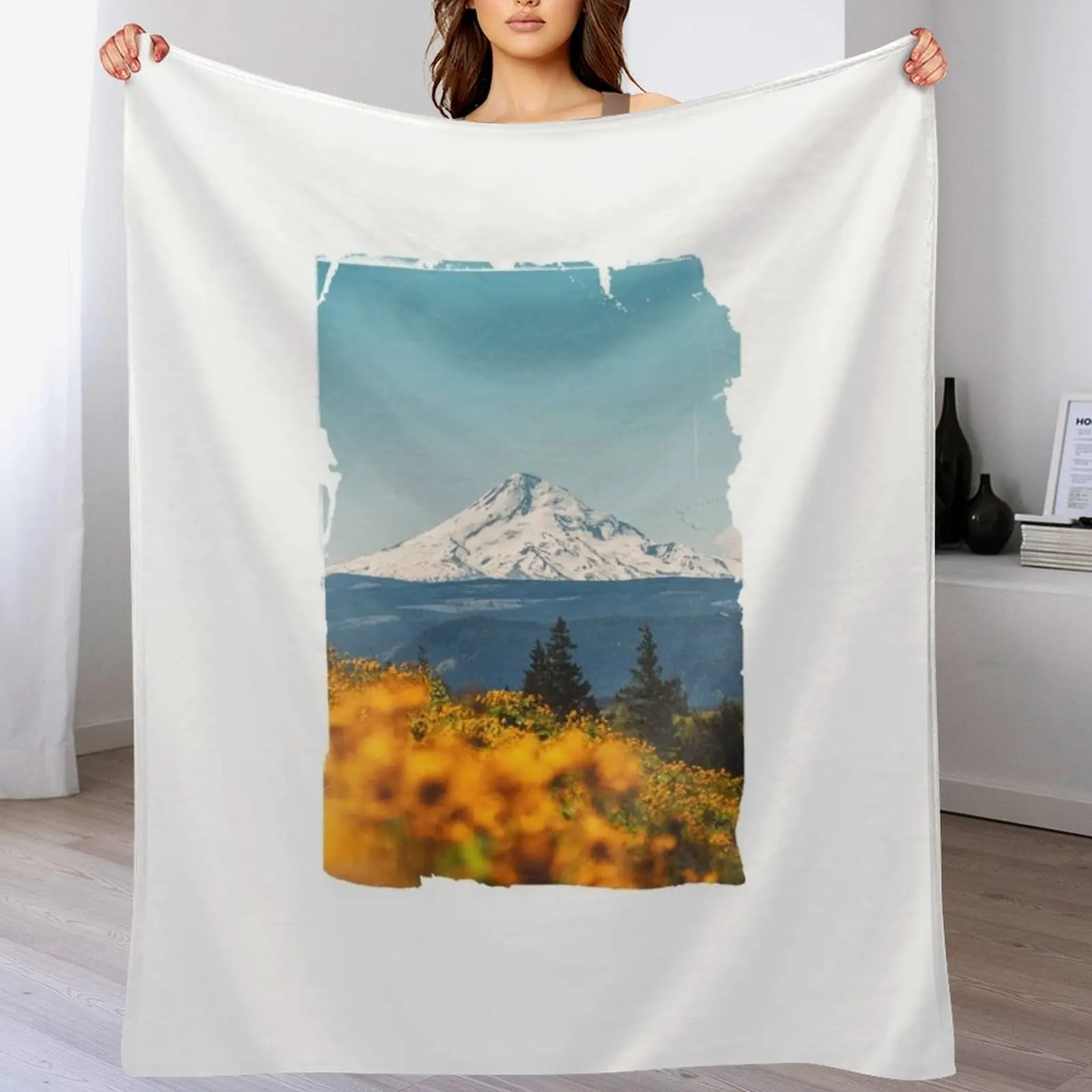 Manta vintage con diseño de Monte Hood de Columbia River Gorge con girasoles, manta acogedora, regalo de cumpleaños para él y ella