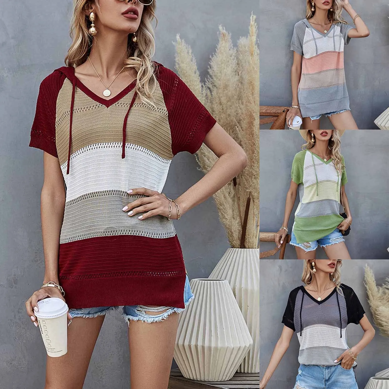 Basic Striped Knitted T-shirt for Women 2024 Summer Office Hooded Short Sleeve Knit Top Tee Korea Women's T-Shirt Knitwear