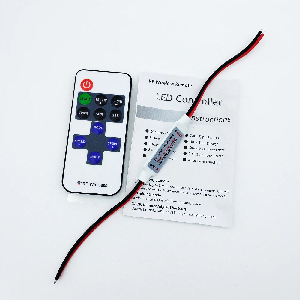 11-Key RF Mini Wireless Remote DC5-12V Connector for 5050 3528 5630 Single Color LED Strip Lights Wireless Switch Dimmer Control