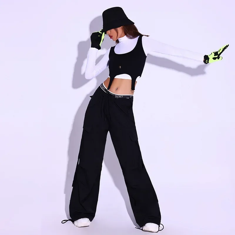 Hip Hop Dance Clothes Women Black White Top Cargo Pants Kpop Stage Outfit Nightclub DJ Gothic Clothes Girl Group Party Gloves