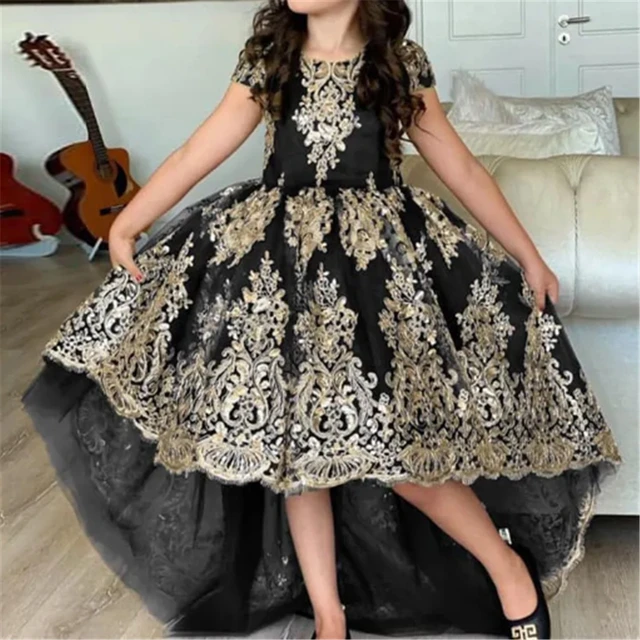 Black Gold Lace Flower Girl Dress For Wedding Short Sleeve Fluffy Tulle Princess Birthday Ball Gowns First Communion Dress