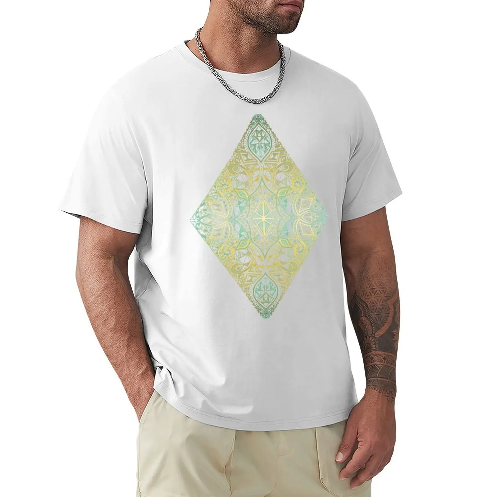 Mint & Gold Effect Diamond Doodle Pattern T-shirt korean fashion for a boy plus sizes mens graphic t-shirts anime