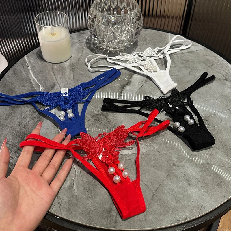 

Sexy Panties Underwear Women's G-string Hollowed Lace Embroidered Comfy Fashion Pearl Underpants