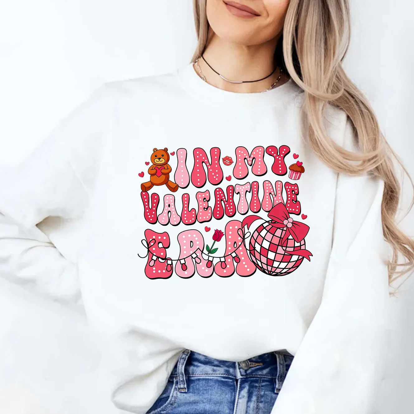 In My Valentine Era Classic A Little Bear Holding Love Autumn And Winter Drop Shoulder Warm Sweatshirt Gift Pullover