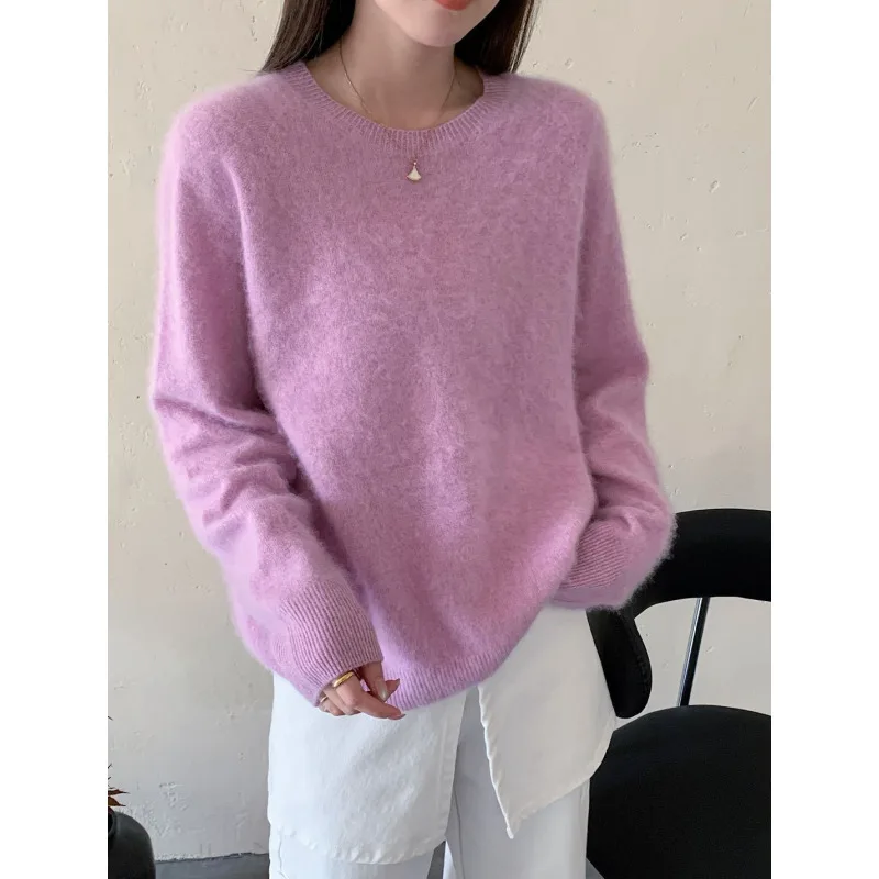 

Women Cashmere Wool Blend Sweater Autumn Winter Seamless Round-neck Knit Pullovers,96%Wool 4%Cashmere Tops