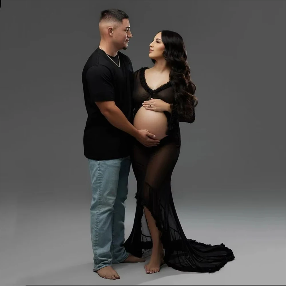 Black Lace-Up Back Maternity Dress Photography Sexy Hollow Belly Ruffle Gown Pregnancy Shoot Memaid Dress Long Train Baby Shower