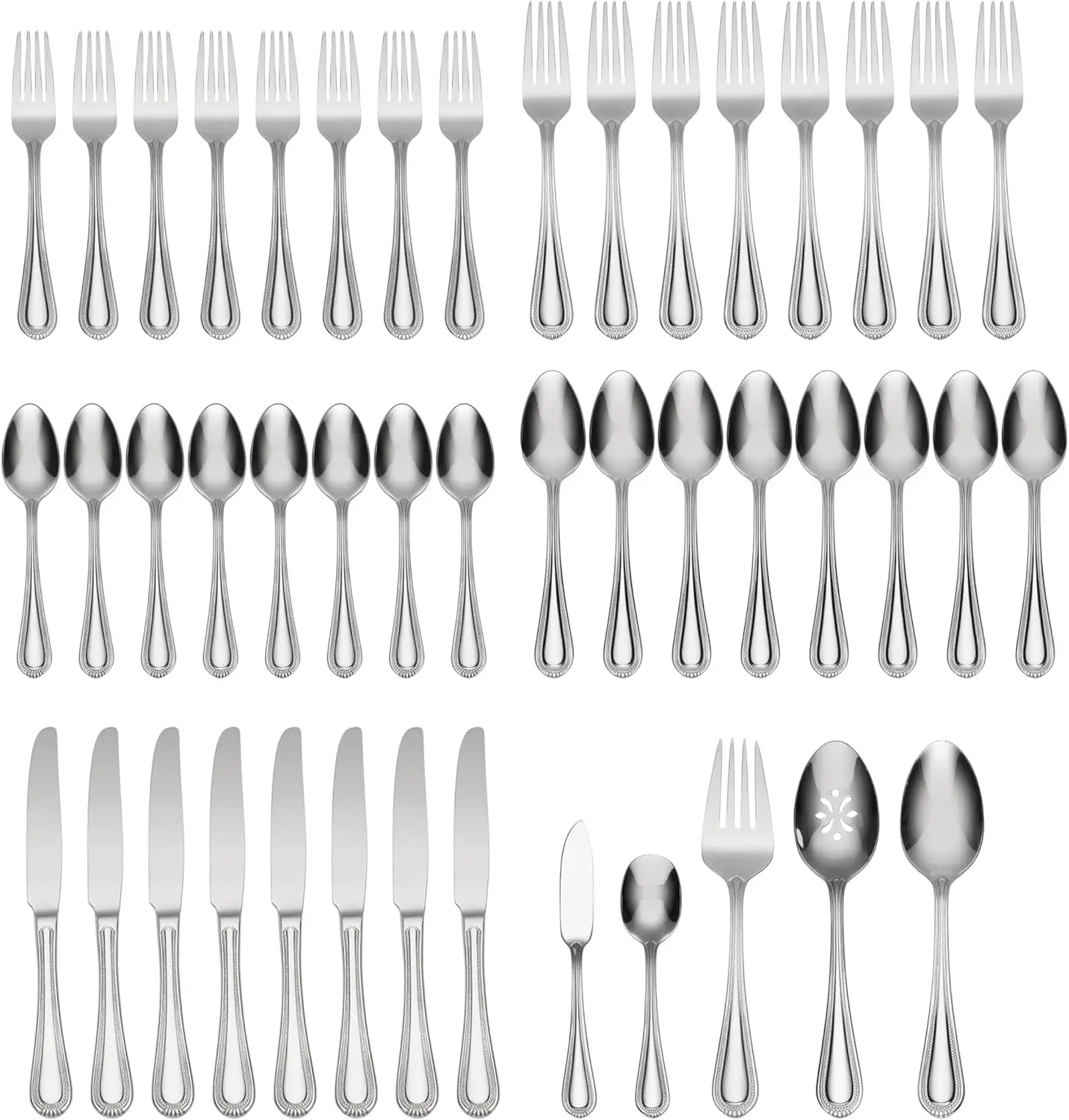 Set Peralatan Makan Stainless Steel 45-Piece untuk 8 Orang, Aman untuk Mesin Cuci Piring dengan Peralatan Penyajian, Desain Mutiara Manik-Manik