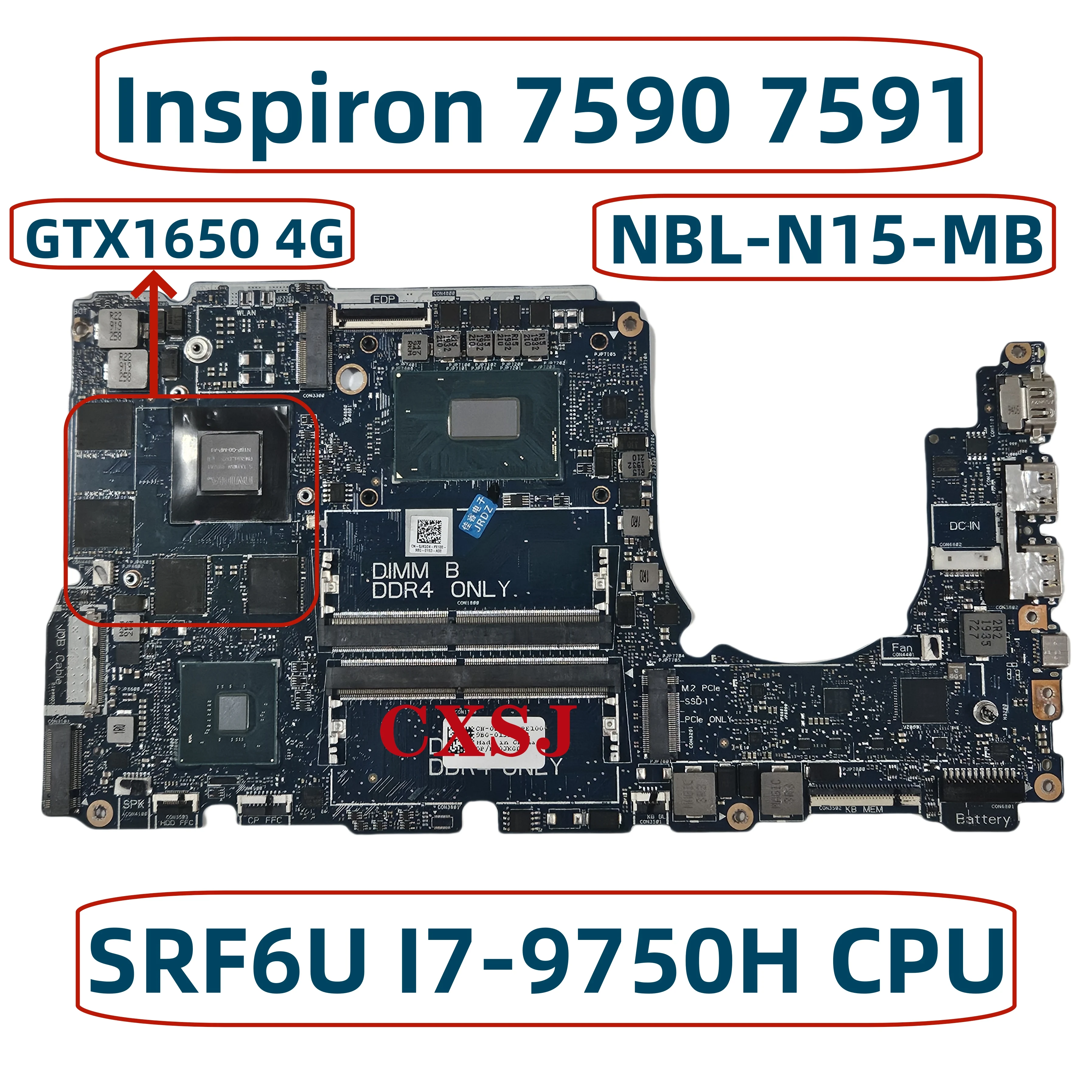 NBL-N15-MB For DELL Inspiron 7590 7591 Laptop Motherboard With I5-9300H I7-9750H CPU GTX1650 4G GPU Mainboard Fast Shipping