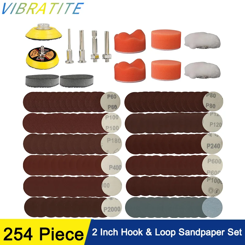 

2 Inch Hook & Loop Sandpaper 254 Pcs with 1/8" 1/4" Shank Backer Plate Sanding Pads and Foam Buffering Pad for Polishing Car