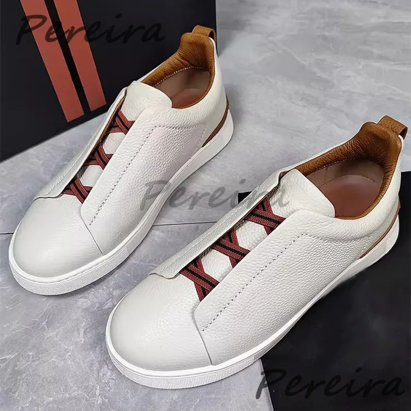 

Men's Genuine Leather Casual Sneakers Trendy Thick Soled Lace Up Skateboard Shoes Summer Outdoor Comfortable Walking Men Shoes