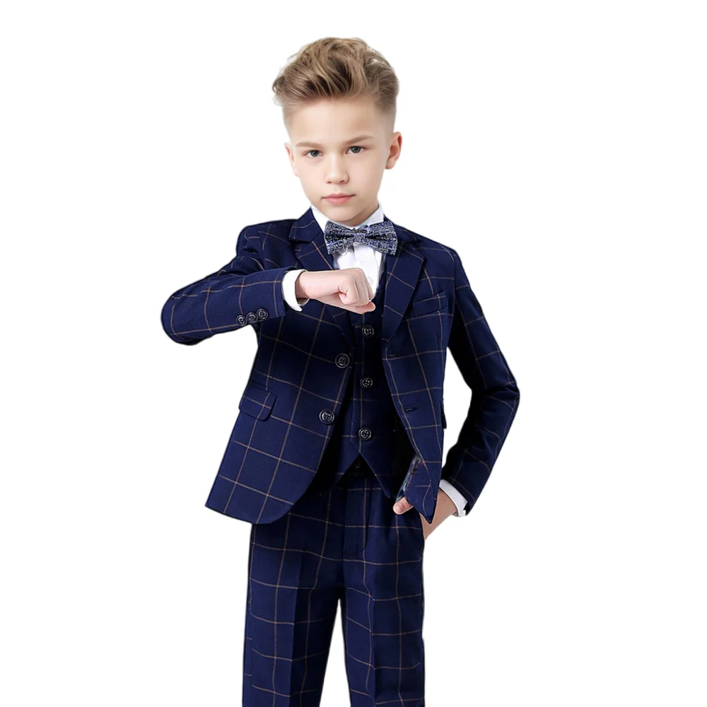 

Boys Formal Plaid Suit Set Child Host Piano Performance Photography Wedding Costume Kids Blazer Vest Pants Bowtie Outfit