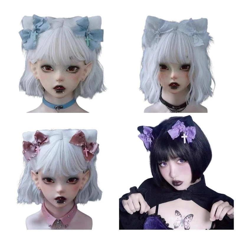 

Women Girls Harajuku Punk Plush Cats Ears Hair Clip with Bowknot Crosses Cosplay Party Headwear Duckbill Hair Pin 15UB