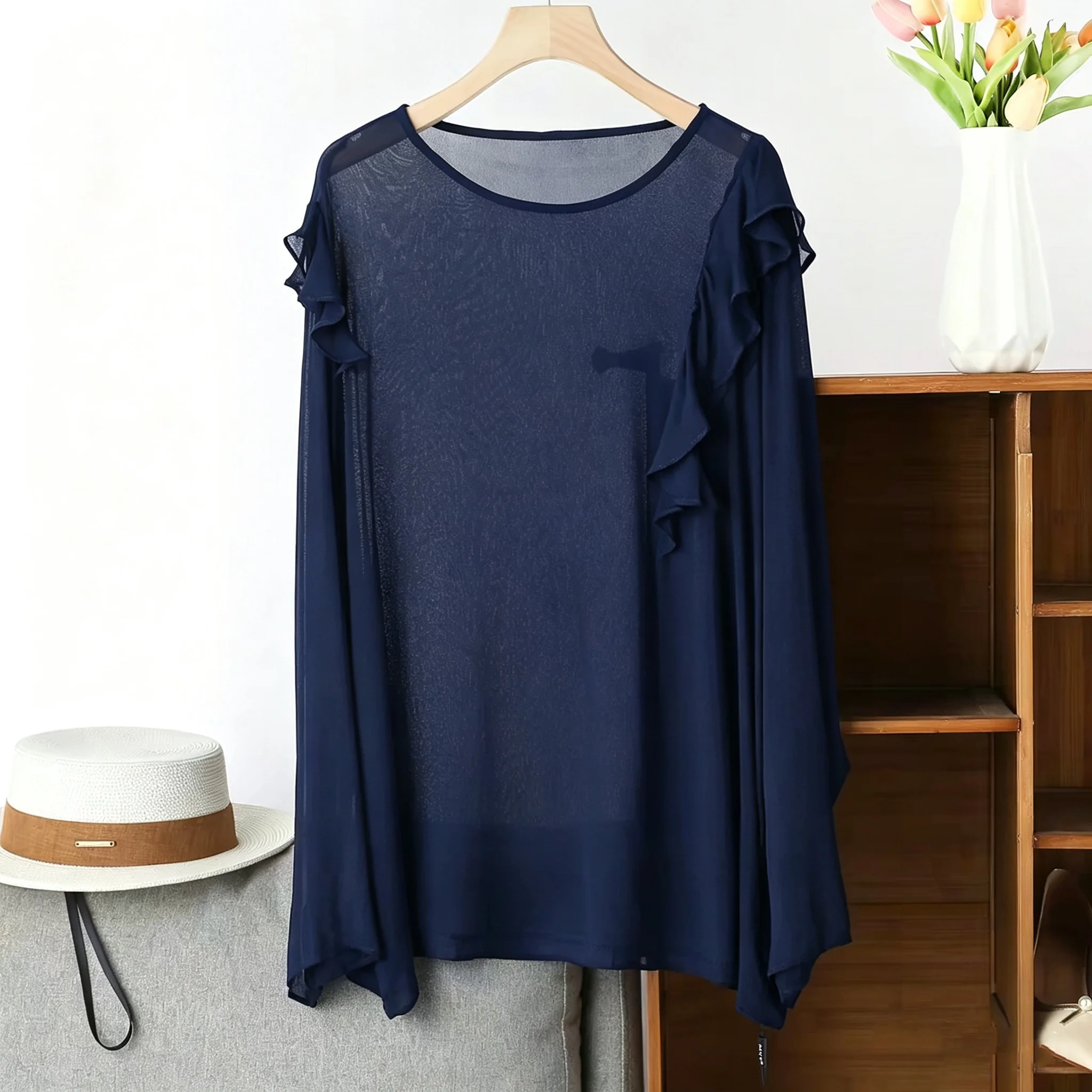 Blusa de encaje vintage con volantes de talla grande, blusa blanca de gasa de manga larga, top holgado elegante, camisa roja para mujer, primavera, 5XL