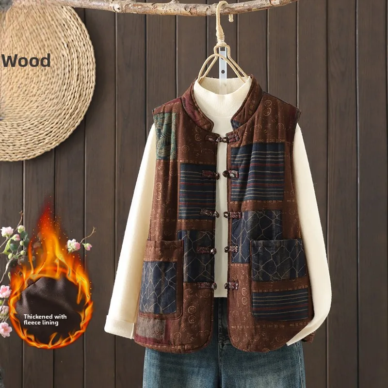 Thiened Cotton Linen Vest Chinese Sle Floral Print Button up Warm Outerwear for Autumn And Winter Commute